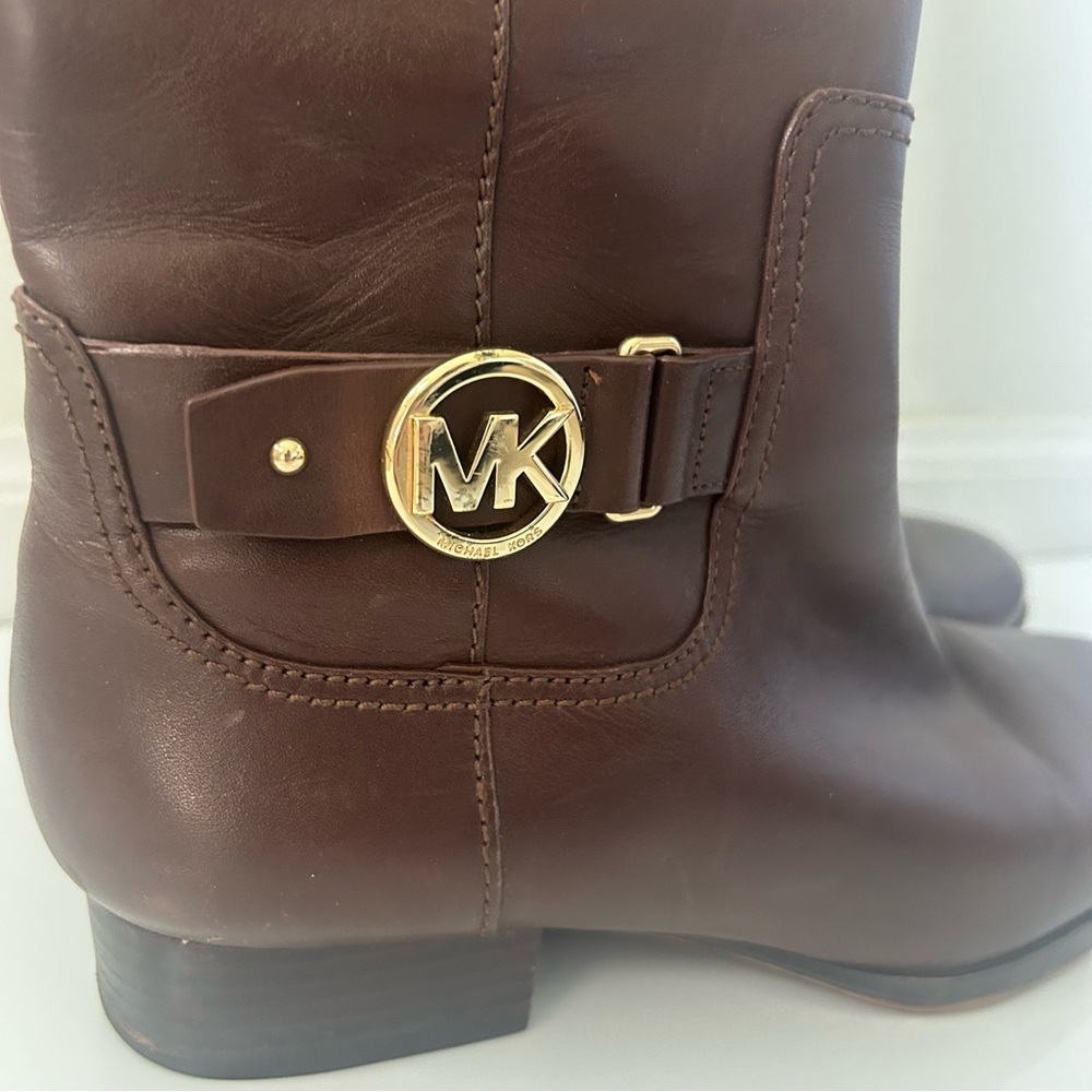 Michael Kors Brown Leather Boots Gold Logo Size 8 - Picture 2 of 7